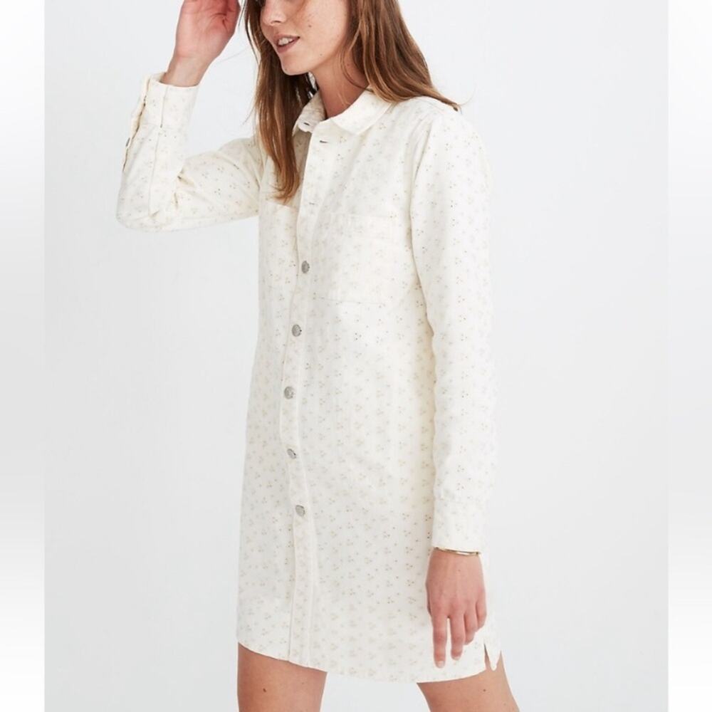Madewell NWTs Embroidered Eyelet Denim Cream Button-Down Dress size small